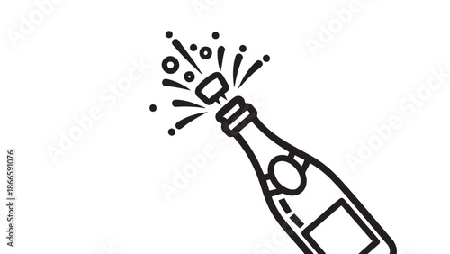Champagne bottle illustration with cork popping on white background