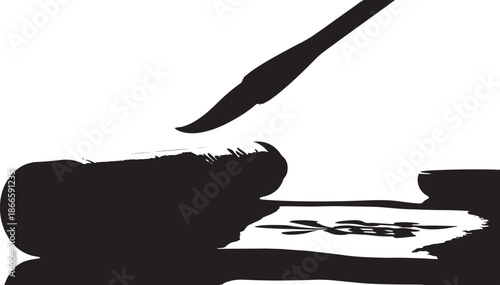 Abstract bison head with a feather dramatic black and white silhouette