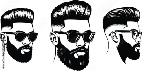 Set of three stylish hipster portraits modern pompadour, full beard, sunglasses, and cool eyewear looks