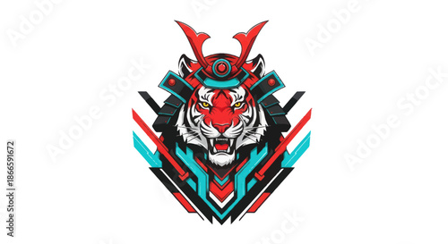 Vibrant tiger samurai illustration against white background for design