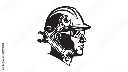 A mechanic wearing a helmet with wrenches incorporated into the design, illustrated in black and white.