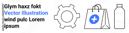 Gear representing functionality, shopping bag with medical cross symbol, and water bottle emphasize health, retail, mechanics, eco-conscious themes. Ideal for healthcare, business, e-commerce