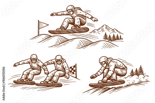 Snowboard cross race and freestyle jump with Caucasian athletes. Winter sports, mountain action and extreme competition concept. Hand drawn vector illustration.