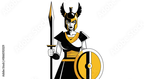 Woman warrior illustration with spear and shield on white background