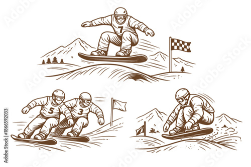Snowboard cross racing and freestyle jump with numbered Caucasian athletes. Winter sports, extreme speed and mountain competition concept. Hand drawn vector illustration.