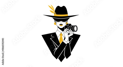 Woman with camera in black and yellow outfit vector illustration