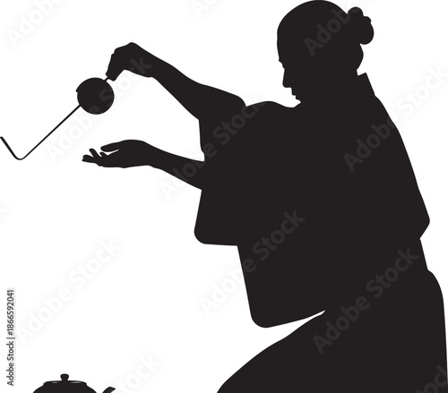 Woman preparing matcha tea with whisk in a traditional japanese style silhouette