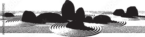 Zen garden with rocks and rippling water a classic black silhouette