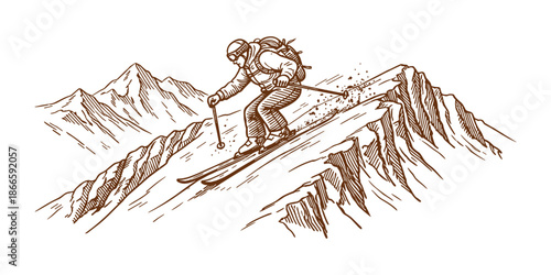 Extreme backcountry skiing descent with Caucasian adventurer on narrow mountain ridge. Winter alpine exploration and outdoor survival concept. Hand drawn vector illustration.