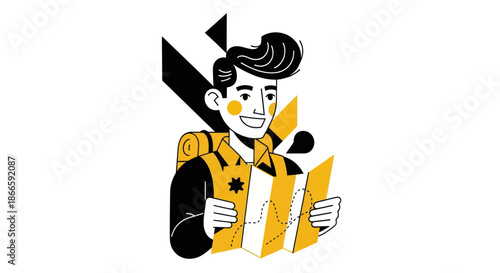 Young traveler examining map with backpack on white background vector