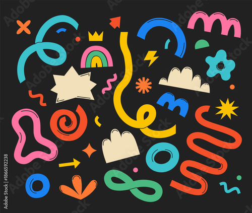 Fun hand drawn doodle shapes and squiggles in childish style. Brush colorful drawings isolated on black, collage elements. Playful cartoon design for packaging design, wallpaper and print. Vector