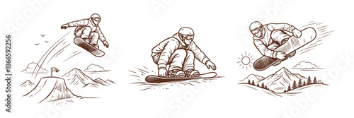 Extreme snowboarding tricks and downhill rides with Caucasian athlete. Winter sports, outdoor adventure and lifestyle concept. Hand drawn vector illustration.