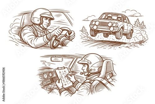 Rally Car Racing with Driver and Co-Driver in Action – Motorsport Navigation and Off-Road Speed Challenge, Vintage Style Vector Illustration