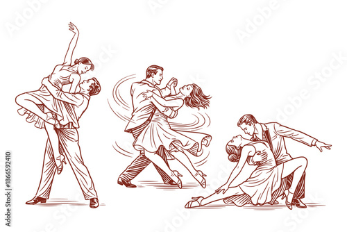 Ballroom Dance Performance with Romantic Latin Couples – Elegant Competition and Show Concept, Vintage Engraving Style Vector Illustration