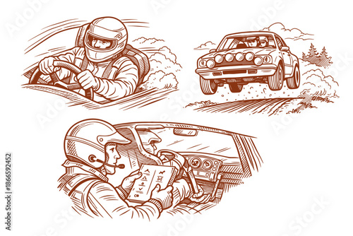 Rally Racing Team Driving Off-Road with Co-Driver Navigation – High-Speed Motorsport and Extreme Challenge, Vintage Style Vector Illustration
