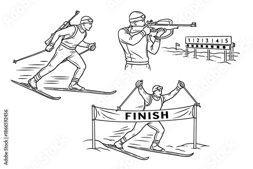 Biathlon Skiing Race with Shooting and Finish Line – Winter Sports Competition and Endurance Challenge, Vintage Style Vector Illustration