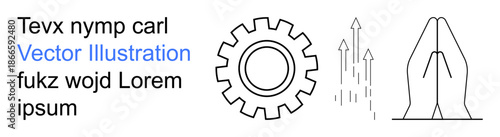 Business strategy, technological advancement, spiritual growth, teamwork, innovation, development. A gear, ascending arrows and praying hands. Business strategy and technological advancement concept