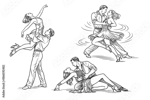 Ballroom Latin Dance Performance – Passionate Couple Dancing in Elegant Poses, Retro Line Art Vector Illustration