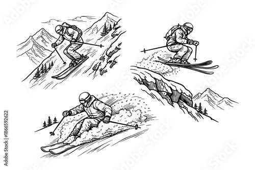 Extreme Mountain Skiing Action – Freeride and Downhill Adventure in Winter Landscape, Vintage Style Vector Illustration