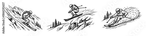 Extreme Skiing on Mountain Slopes – Freeride, Cliff Jumping, and Powder Turns, Vintage Style Vector Illustration