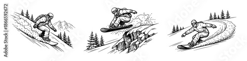 Extreme Snowboarding on Mountain Slopes – Freeride, Cliff Jumping, and Powder Turns, Vintage Style Vector Illustration