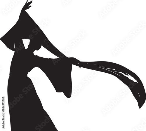 Dramatic figure with flowing robes and a scythe striking dark silhouette