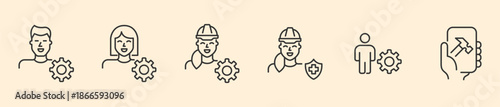 Global User Profiles and Technical Support Icon Set, Minimalist Line Art Vector for Professional Management Settings, Personal Account Configuration, Verified Specialist Services, and Industrial.