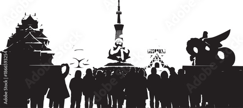 Tokyo skyline with people and iconic landmarks in black silhouette