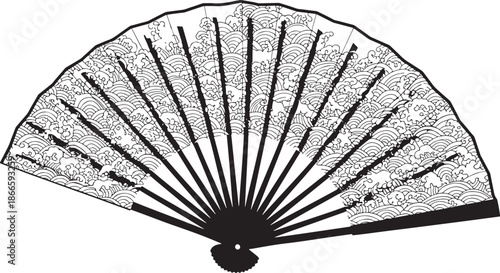 Intricate folding fan with detailed wave pattern a striking silhouette