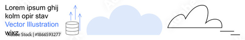 Cloud computing, data storage, technology, digital transfer, network solutions, innovation. Graphic of a server, blue cloud arrows and a line cloud image. Cloud computing and data storage concept