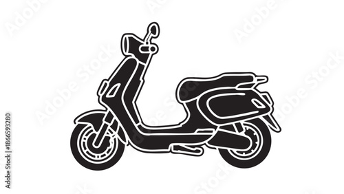 A black and white illustration of a scooter from a side view