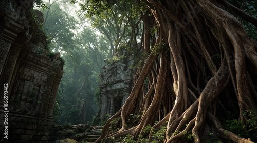Massive Banyan Tree Roots Over Ancient Stone Ruins In Tropical Jungle Fog Cinematic Mystery Exploration
