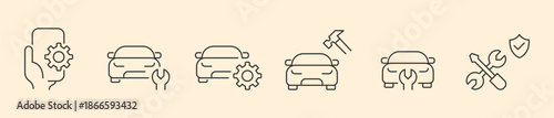 Automotive Repair and Mechanical Maintenance Icon Set, Minimalist Line Art Vector for Car Service Diagnostics, Mobile Vehicle Settings, Garage Technical Support, and Verified Auto Engineering Symbols