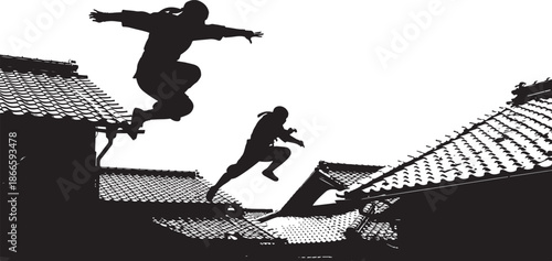 Parkour athletes leaping across rooftops in a dramatic black silhouette