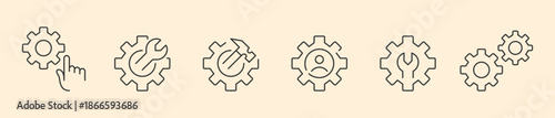 Global Technical Configuration and System Maintenance Icon Set, Minimalist Line Art Vector for Professional Workflow Settings, Hardware Repair Gear, Verified User Management, and Engineering Service.