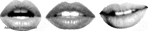 Black and white halftone lips set, pop art comic mouth icons isolated on transparent background