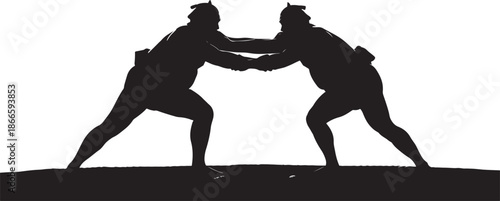Two wrestlers in a grappling stance a striking black silhouette