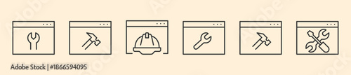 Digital Web Maintenance and Software Technical Support Icon Set, Minimalist Line Art Vector for Website Repair, Browser Configuration Settings, System Optimization Tools, and Verified Professional.