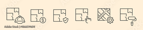 Architectural Blueprints and Floor Plan Maintenance Icon Set, Minimalist Line Art Vector for Home Design Planning, Verified Building Safety, Construction Budgeting, and Interior Renovation Symbols.