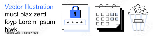 Data security, password protection, event planning, entertainment, leisure activities, planning tools. Blue lock over a password, a calendar and a popcorn box. Data security and event planning