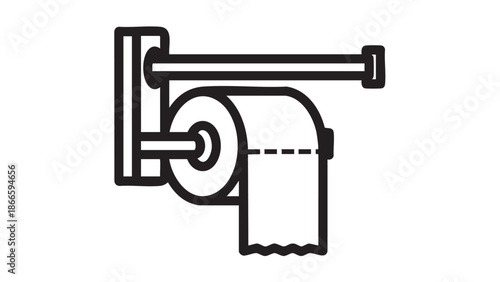 Simple Black Line Illustration of a Toilet Paper Holder with a Roll of Tissue on a Plain White Background