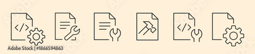 Software Development and Digital Document Maintenance Icon Set, Minimalist Line Art Vector for Programming Code Fix, Technical Manual Repair, Verified System Configuration.