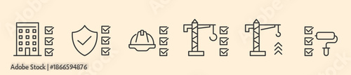 Commercial Construction and Renovation Maintenance Icon Set, Minimalist Line Art Vector for Building Inspection Checklist, Verified Project Safety, Civil Engineering Crane, and Architectural.