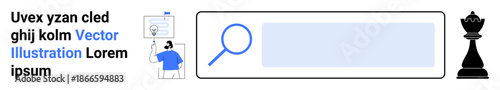 Business strategy, online research, customer support, decision-making, digital tools, teamwork. Magnifying glass in search bar next to agent and chess pawn. Online research and business strategy