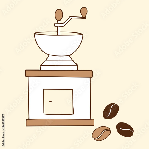 Vector hand-drawn manual coffee grinder with coffee beans, cozy vintage illustration in warm beige tones