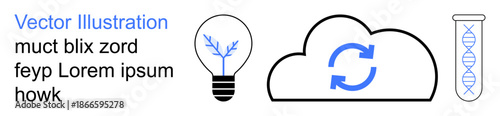 Innovation, technology, cloud storage, data synchronization, research, genetic science. Light bulb, cloud sync icon and DNA strand in test tube. Innovation and technology concept