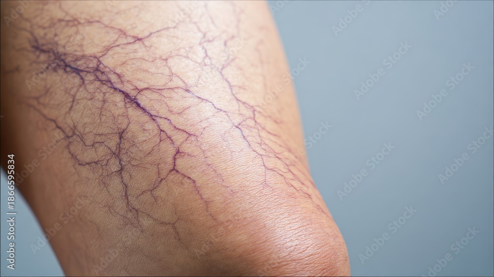 Fototapeta premium Detailed macro image of purple varicose or spider veins visible beneath the skin on a human leg, highlighting a common vascular condition often associated with poor circulation.