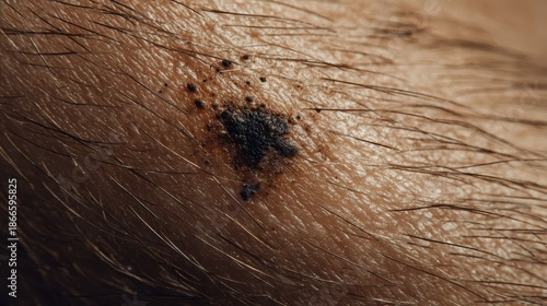 Macro shot of a dark irregular mole on hairy human skin, showing characteristics associated with potential skin cancer or melanoma, useful for medical and dermatology-related contexts.
