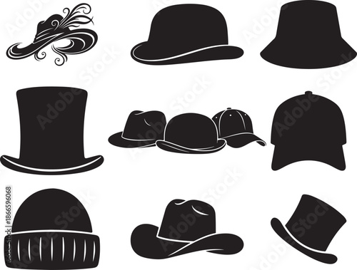Hat Collection Silhouette on White Background
