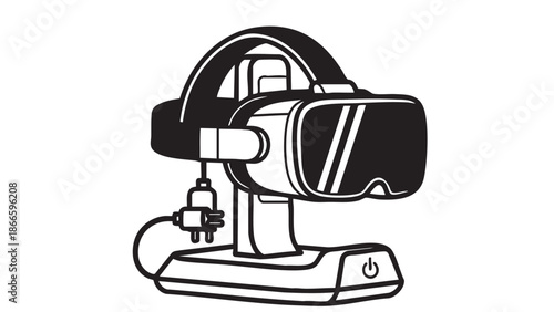 Virtual Reality Headset on Stand with Headphones and Cable Attached